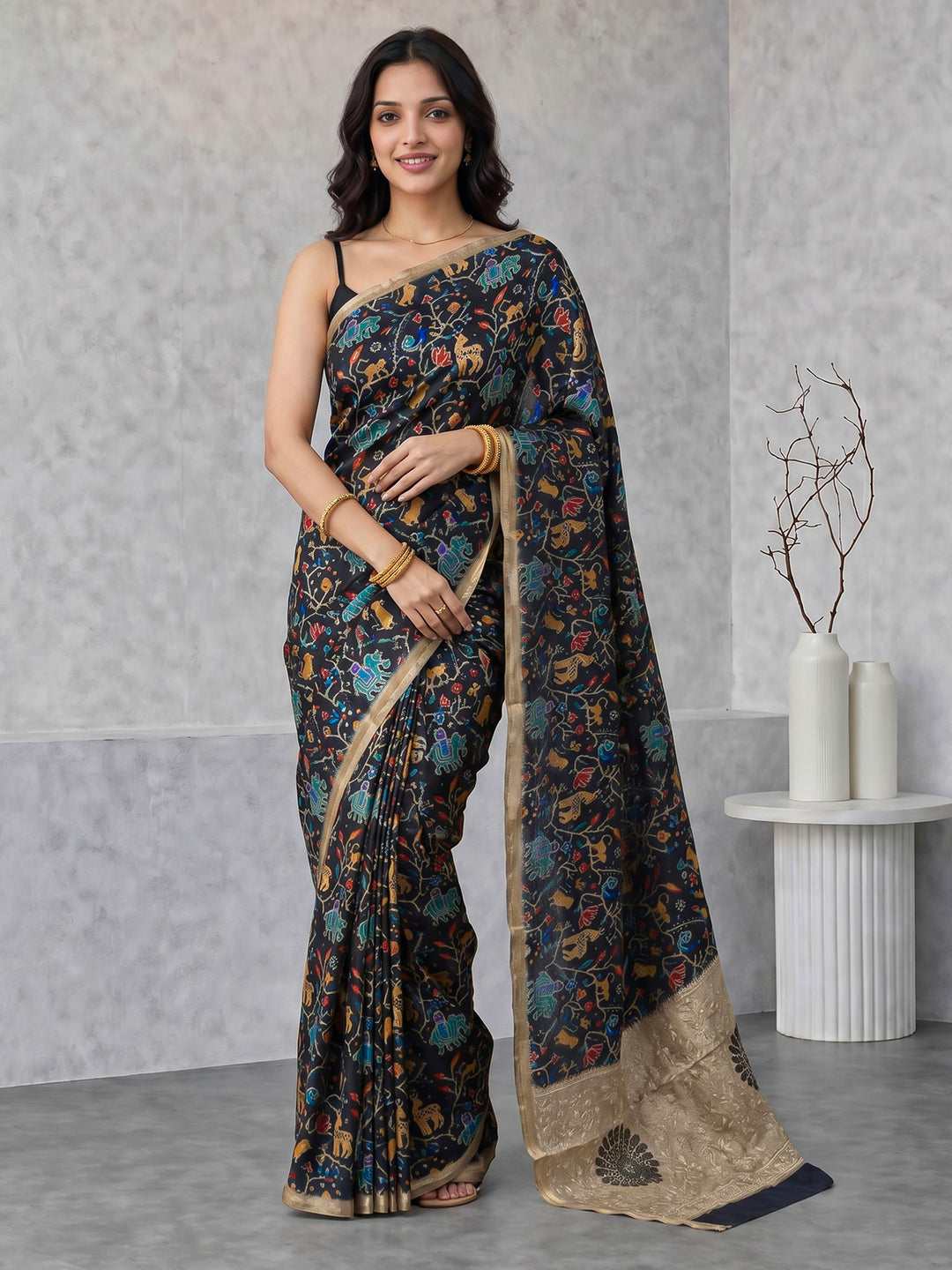Black Digital Print Tussar Silk Saree