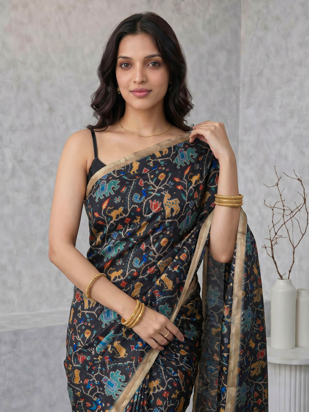 Black Digital Print Tussar Silk Saree