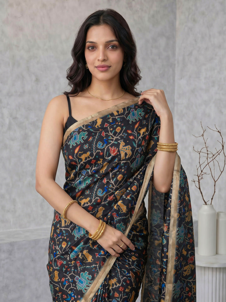 Black Digital Print Tussar Silk Saree