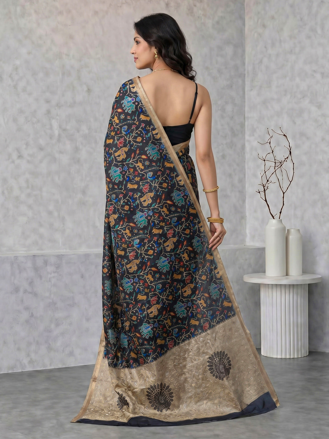 Black Digital Print Tussar Silk Saree