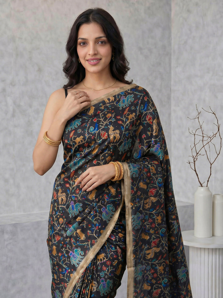 Black Digital Print Tussar Silk Saree