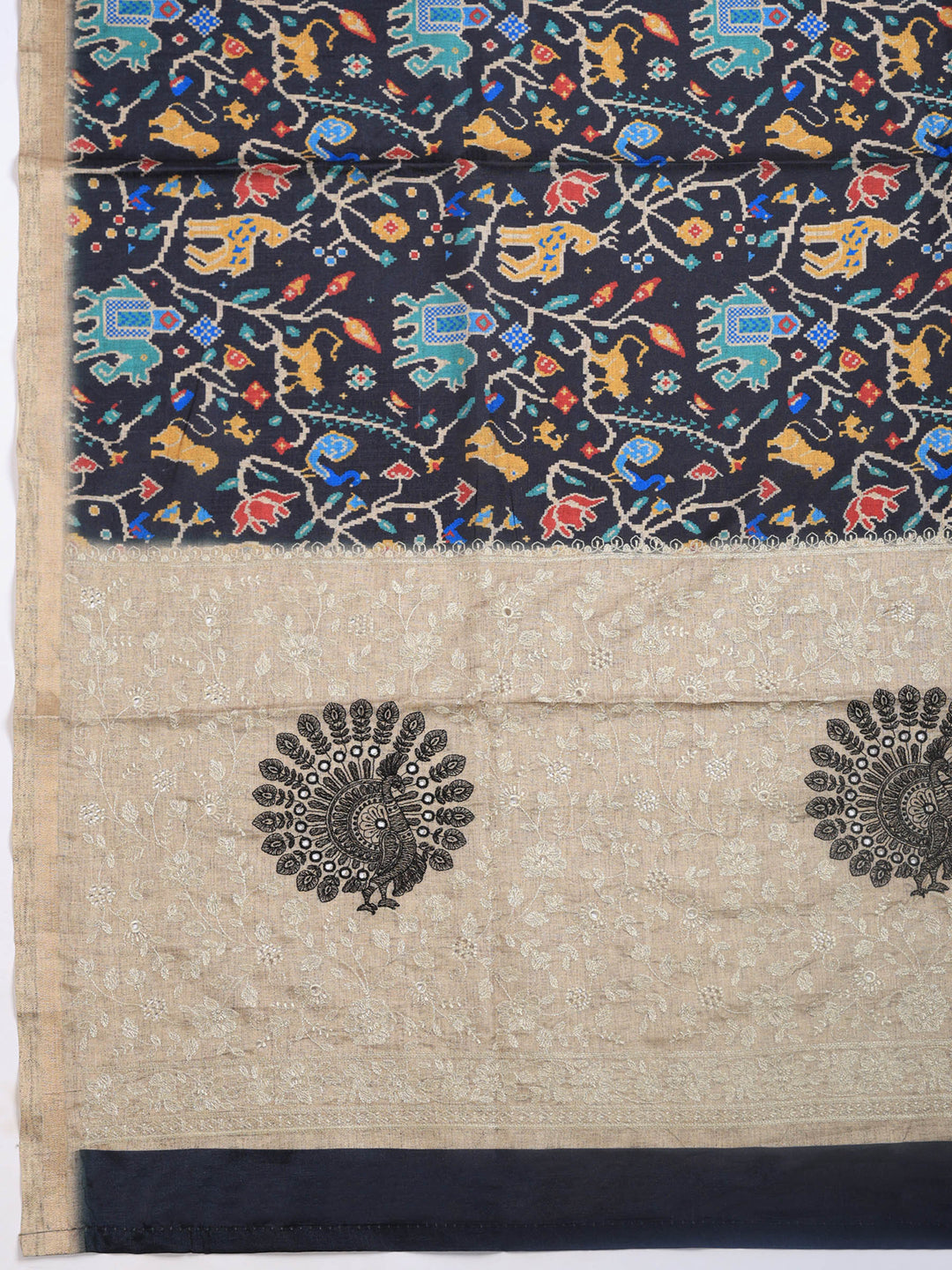 Black Digital Print Tussar Silk Saree