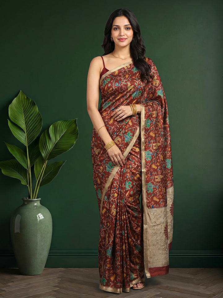 Maroon Digital Print Tussar Silk Saree