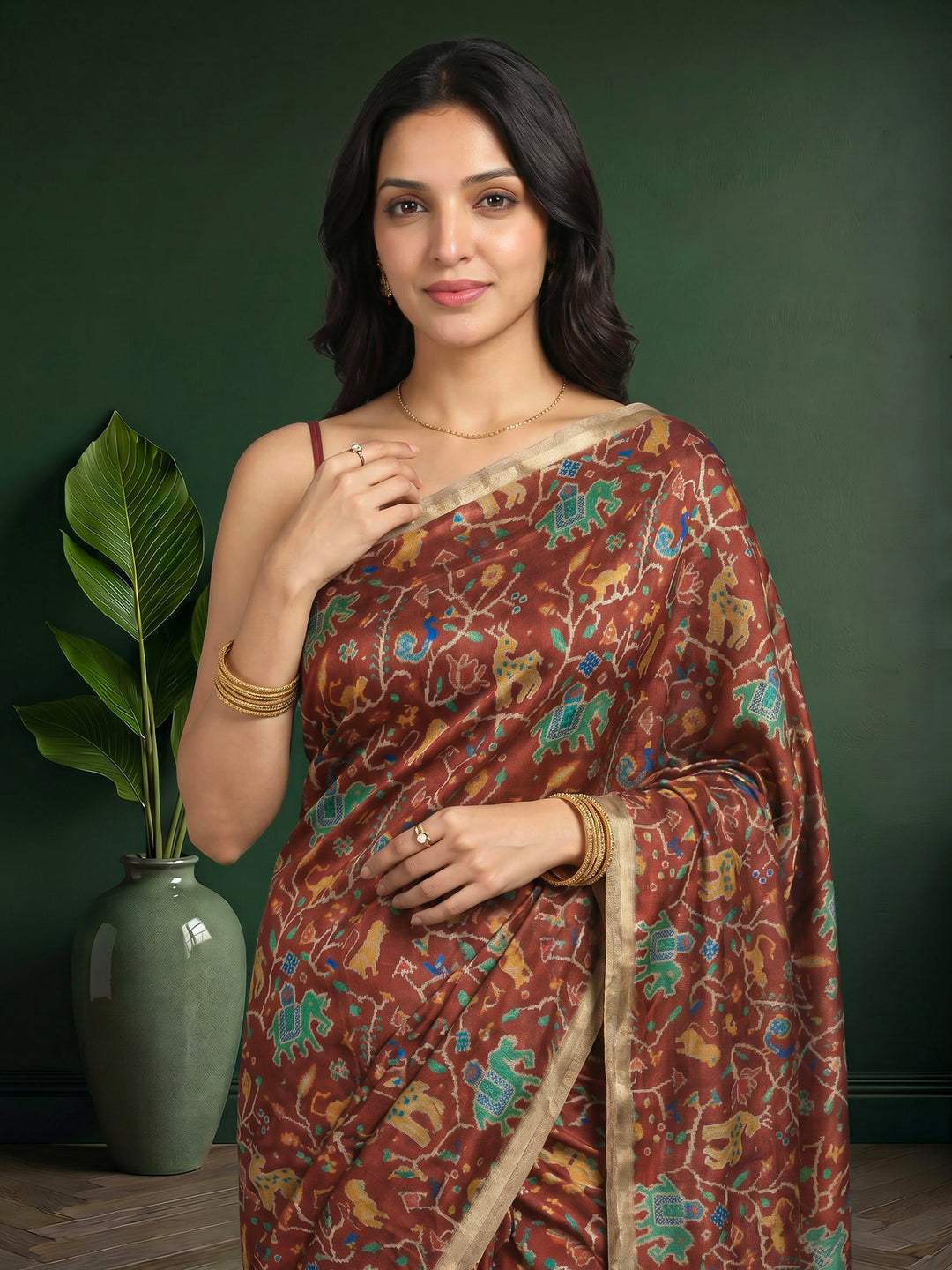 Maroon Digital Print Tussar Silk Saree