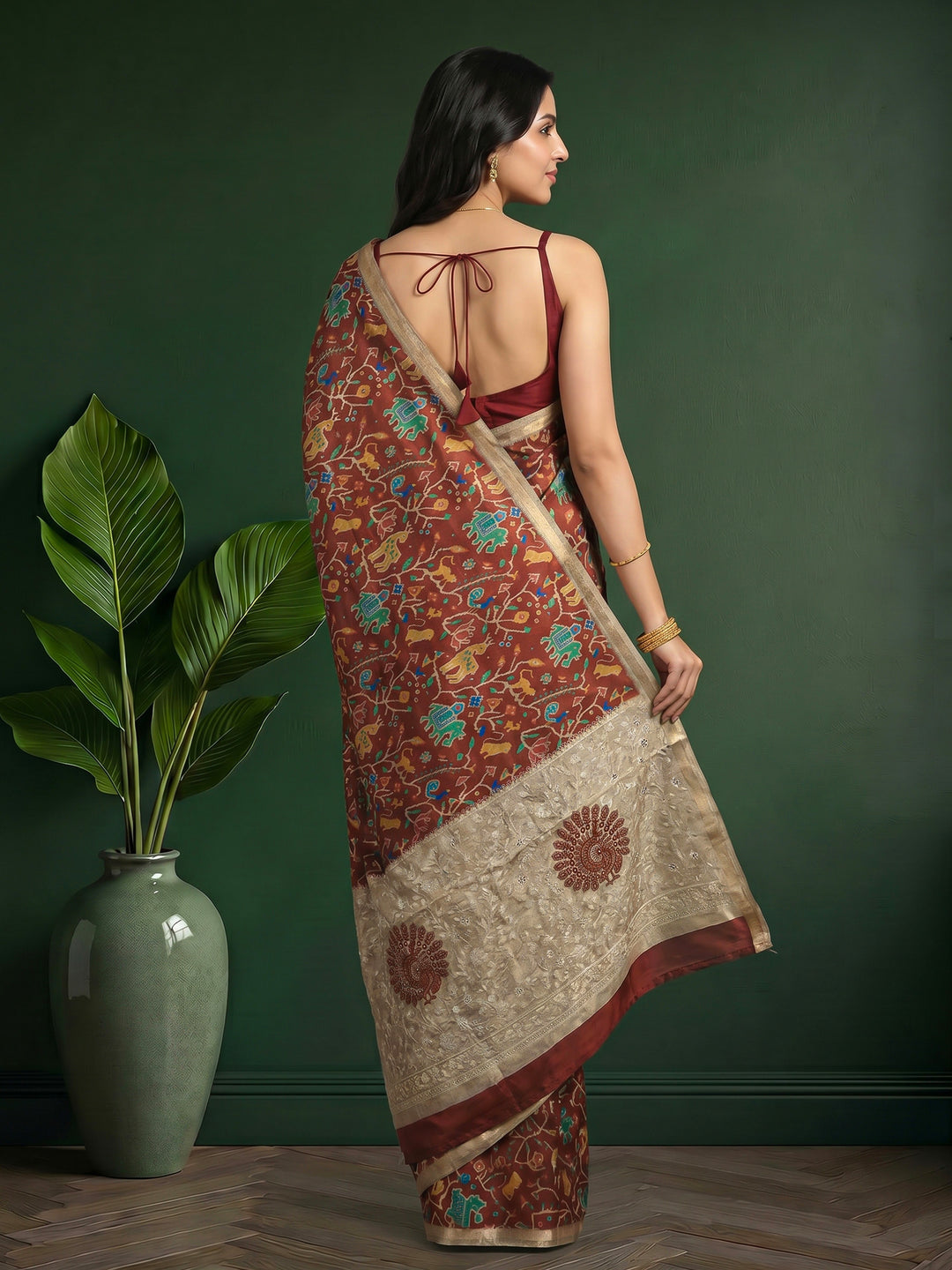 Maroon Digital Print Tussar Silk Saree