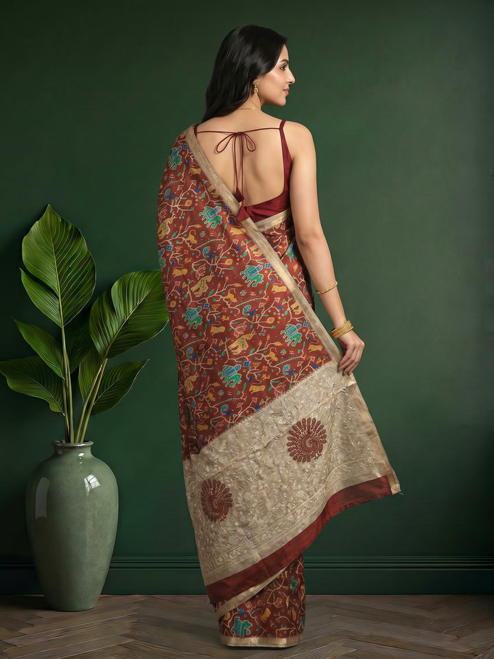 Maroon Digital Print Tussar Silk Saree