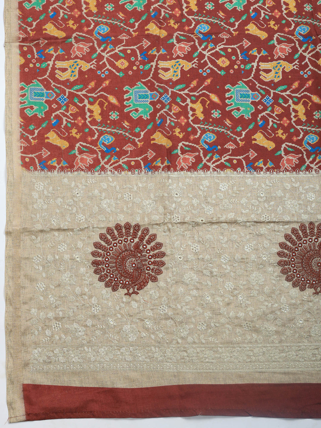 Maroon Digital Print Tussar Silk Saree
