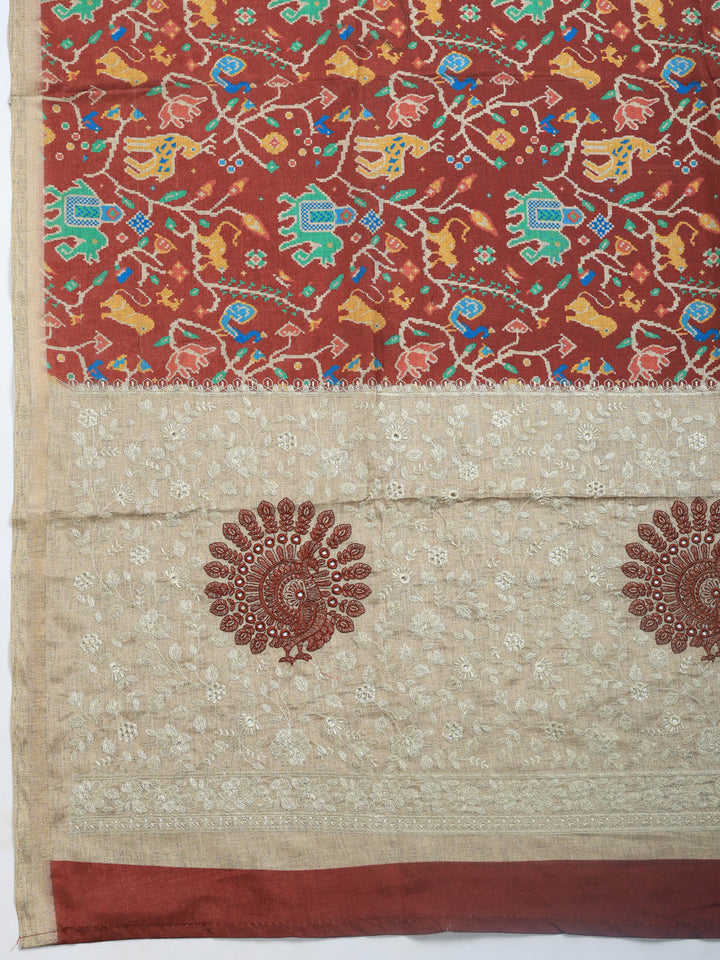 Maroon Digital Print Tussar Silk Saree
