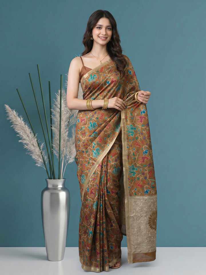 Mustard Digital Print Tussar Silk Saree