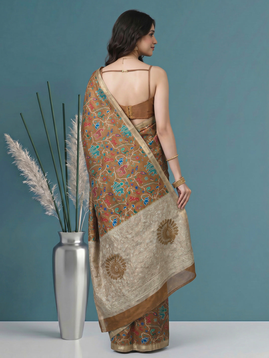 Mustard Digital Print Tussar Silk Saree