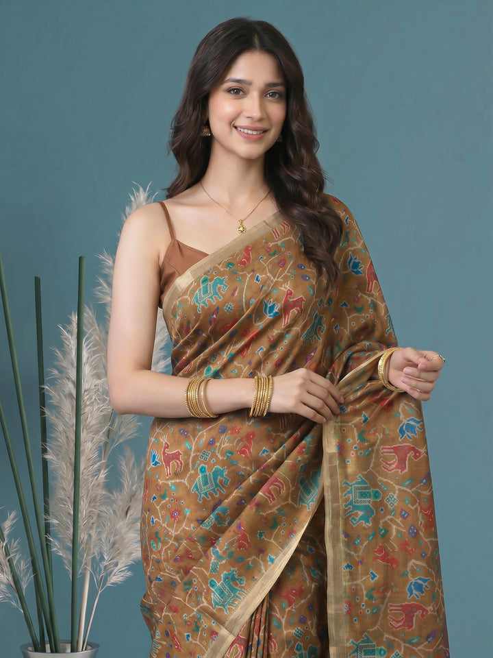 Mustard Digital Print Tussar Silk Saree