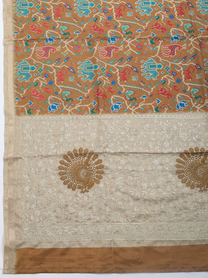 Mustard Digital Print Tussar Silk Saree