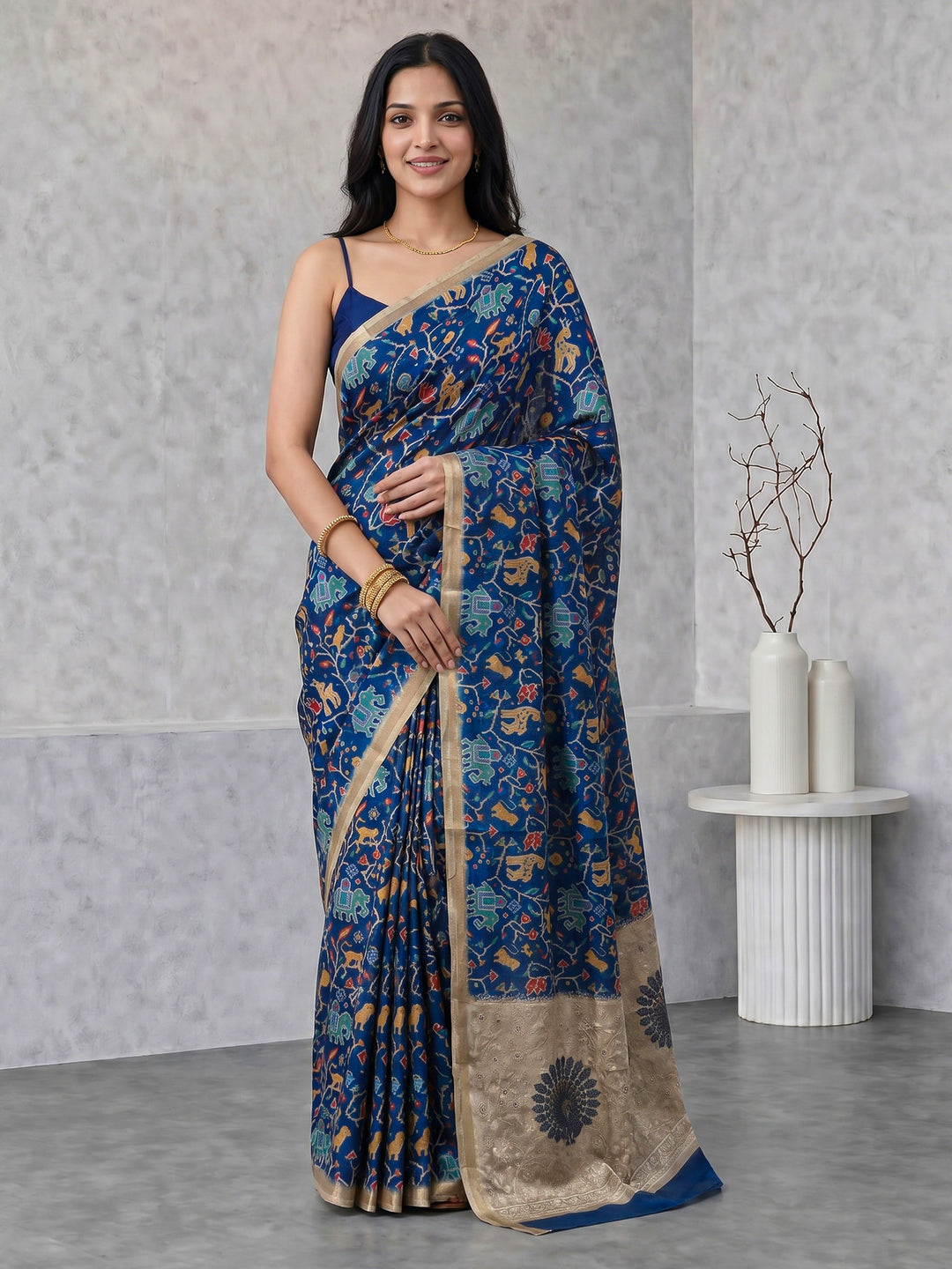 Navy Blue Digital Print Tussar Silk Saree