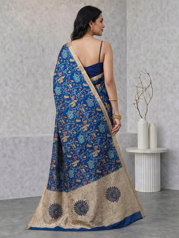 Navy Blue Digital Print Tussar Silk Saree