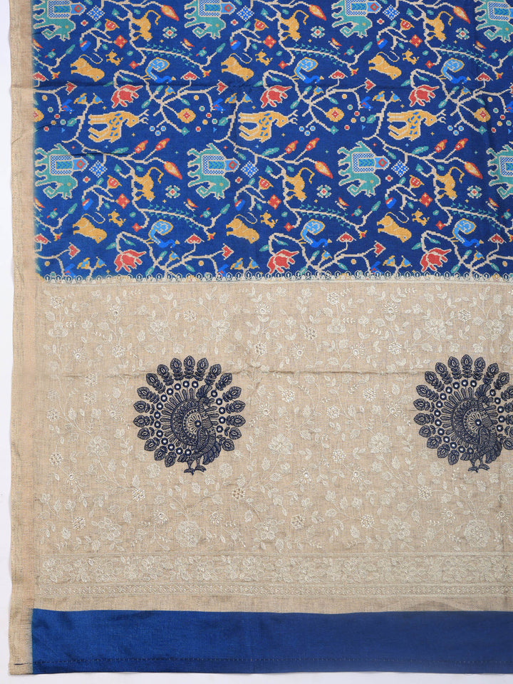 Navy Blue Digital Print Tussar Silk Saree