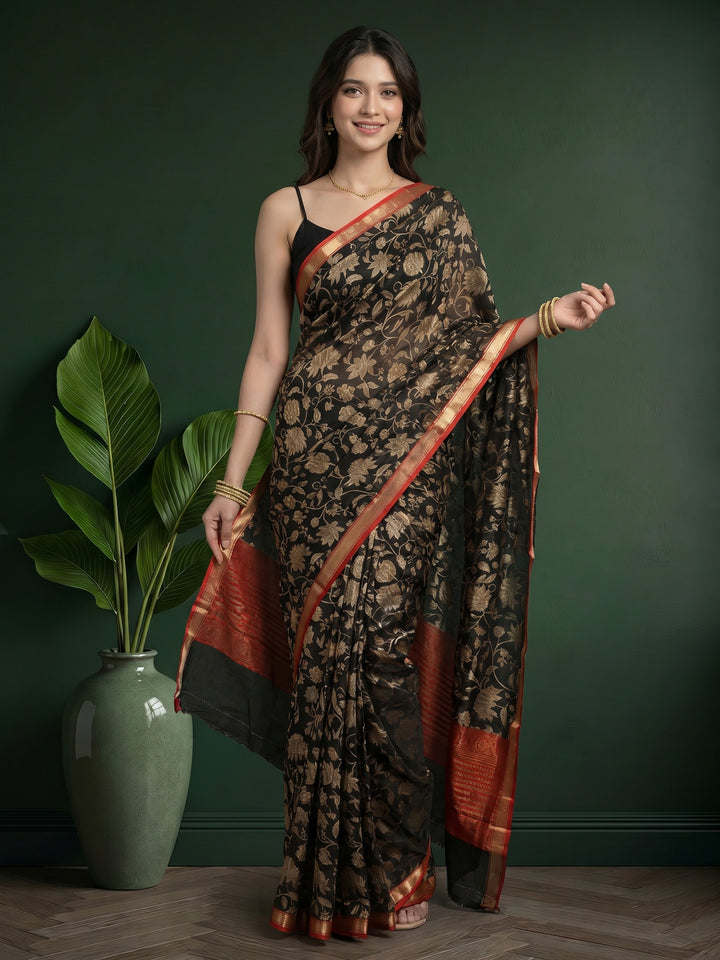 Black Digital Print Art Silk Saree