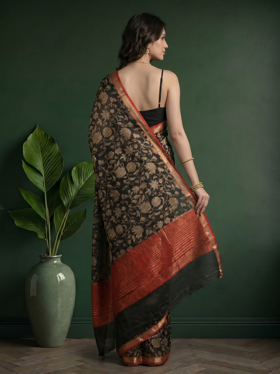 Black Digital Print Art Silk Saree