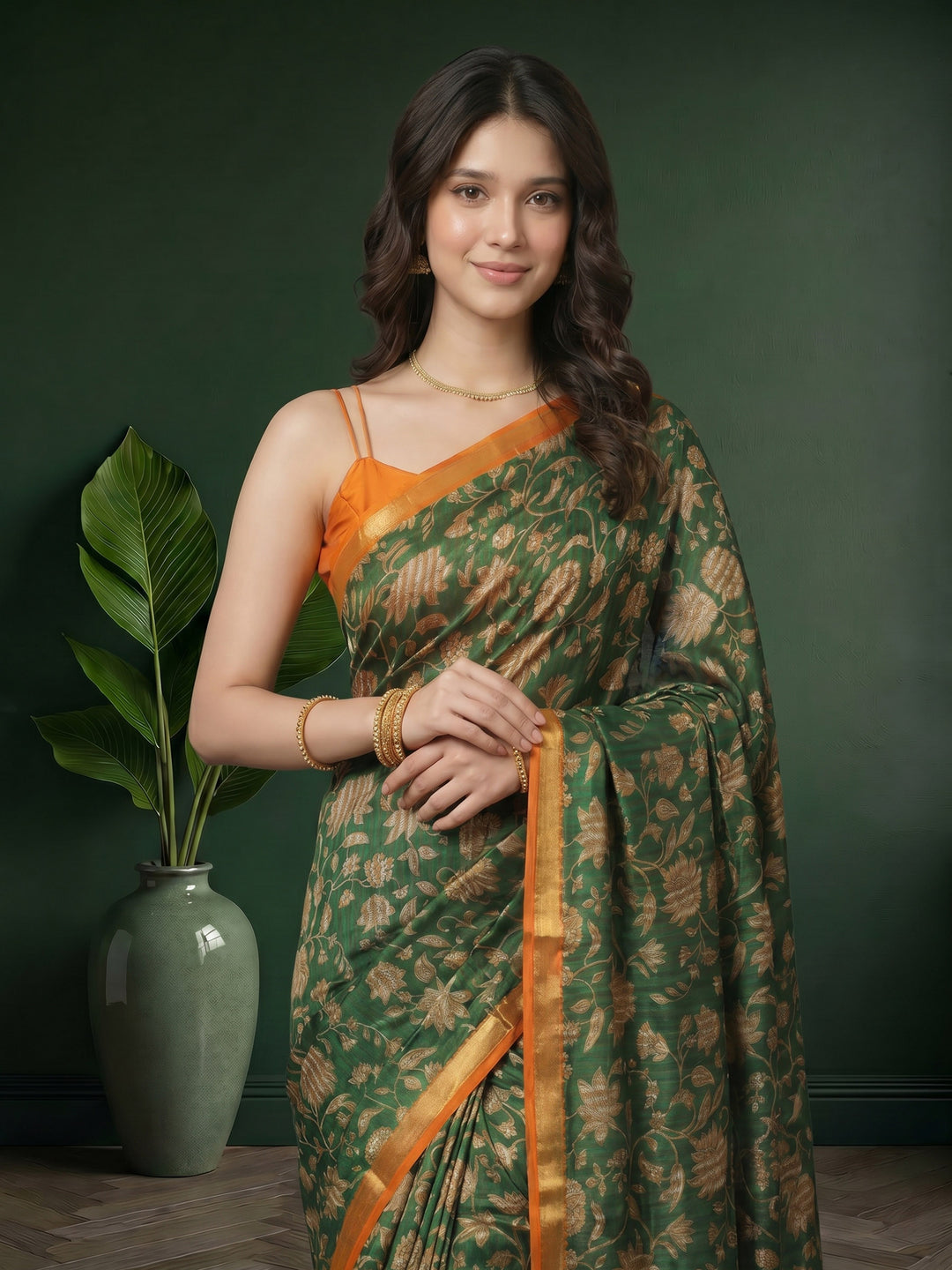 Green Digital Print Art Silk Saree