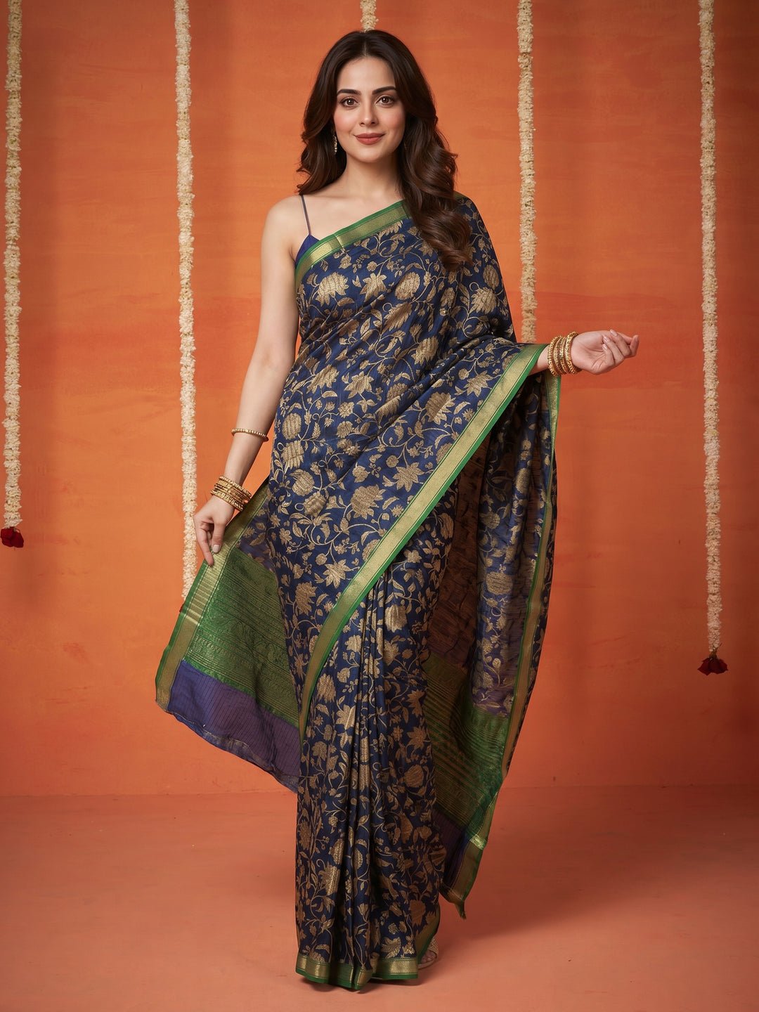 Navy Blue Digital Print Art Silk Saree