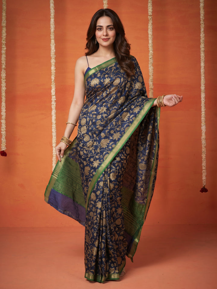 Navy Blue Digital Print Art Silk Saree