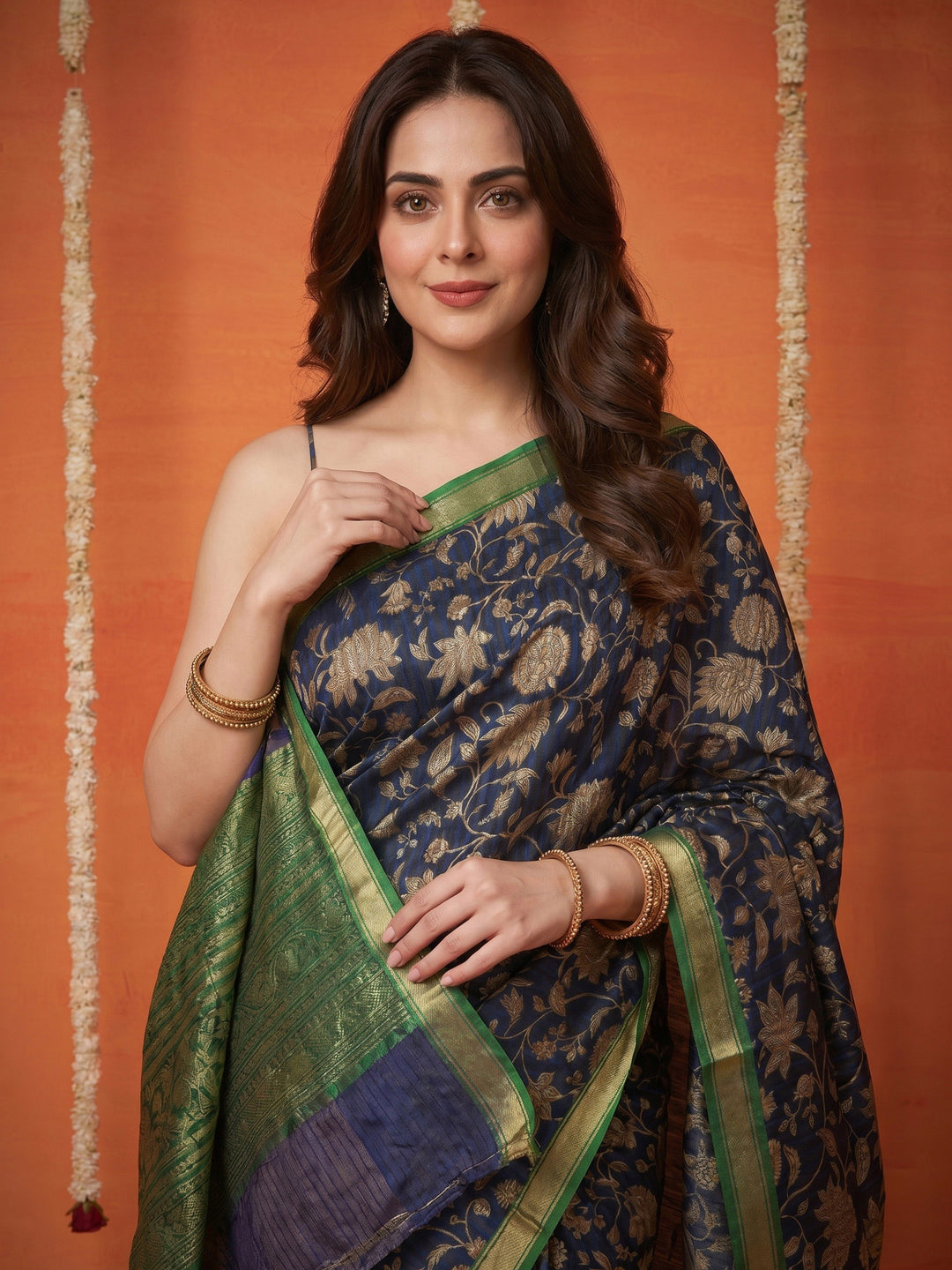 Navy Blue Digital Print Art Silk Saree