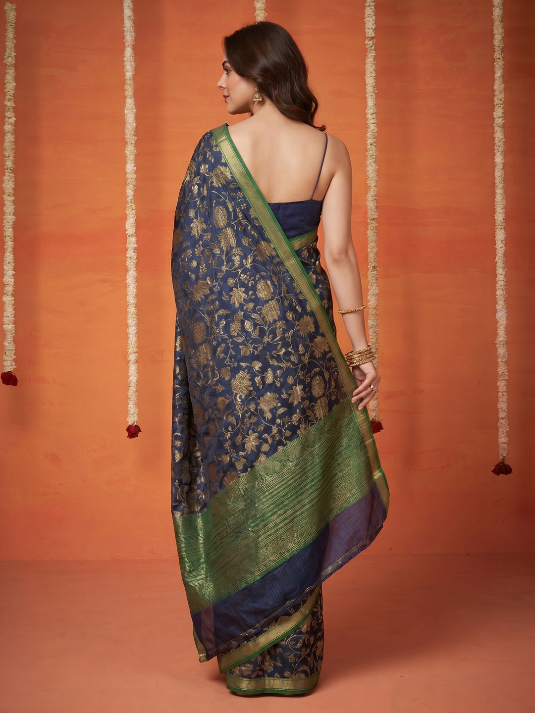 Navy Blue Digital Print Art Silk Saree