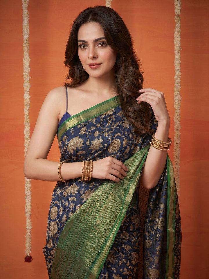Navy Blue Digital Print Art Silk Saree
