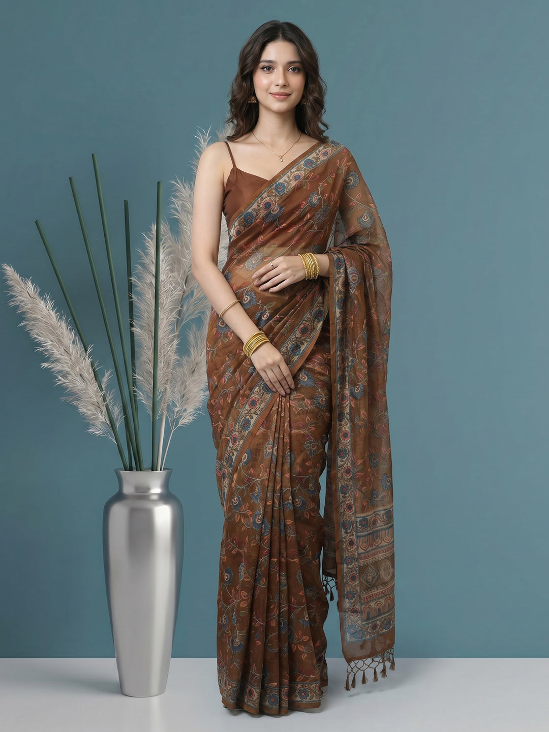 Brown Digital Print Cotton Blend Saree