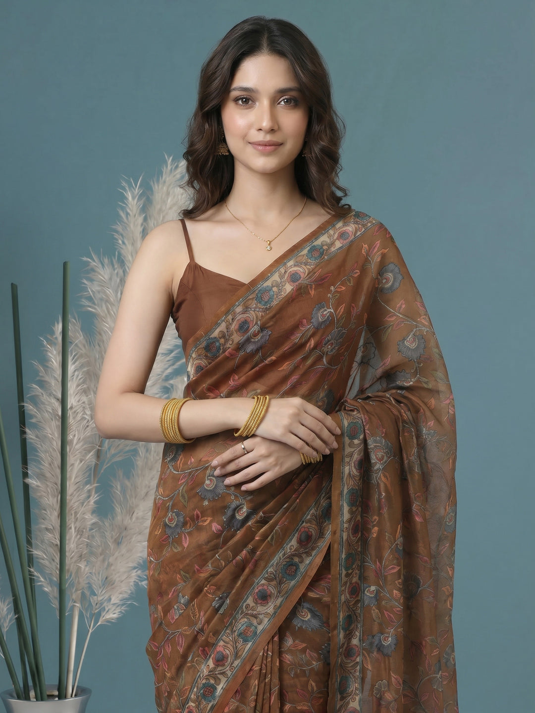 Brown Digital Print Cotton Blend Saree