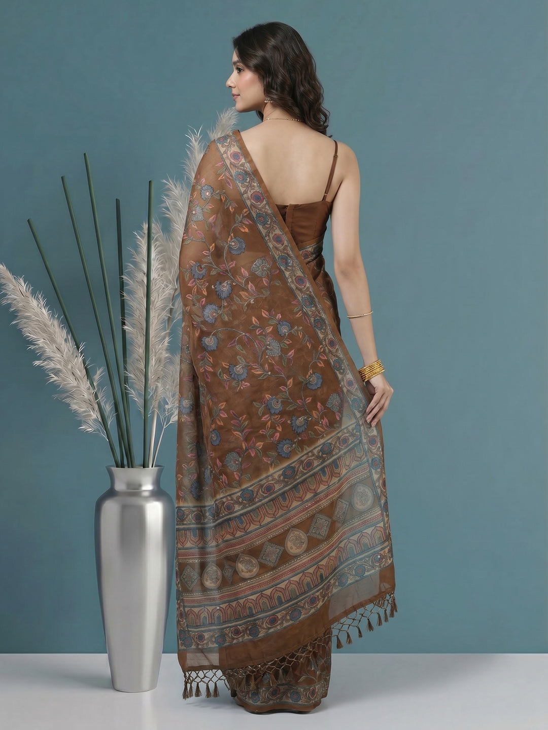 Brown Digital Print Cotton Blend Saree