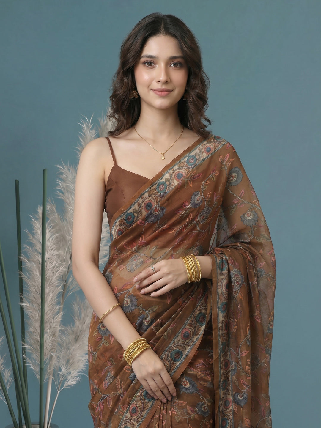 Brown Digital Print Cotton Blend Saree