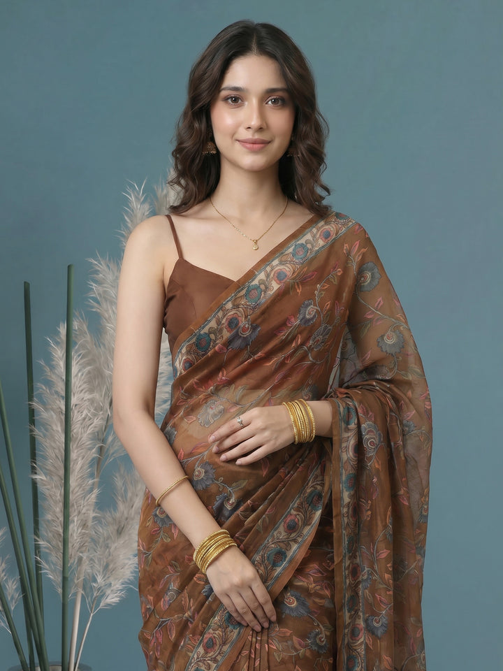 Brown Digital Print Cotton Blend Saree