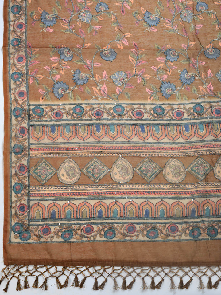 Brown Digital Print Cotton Blend Saree