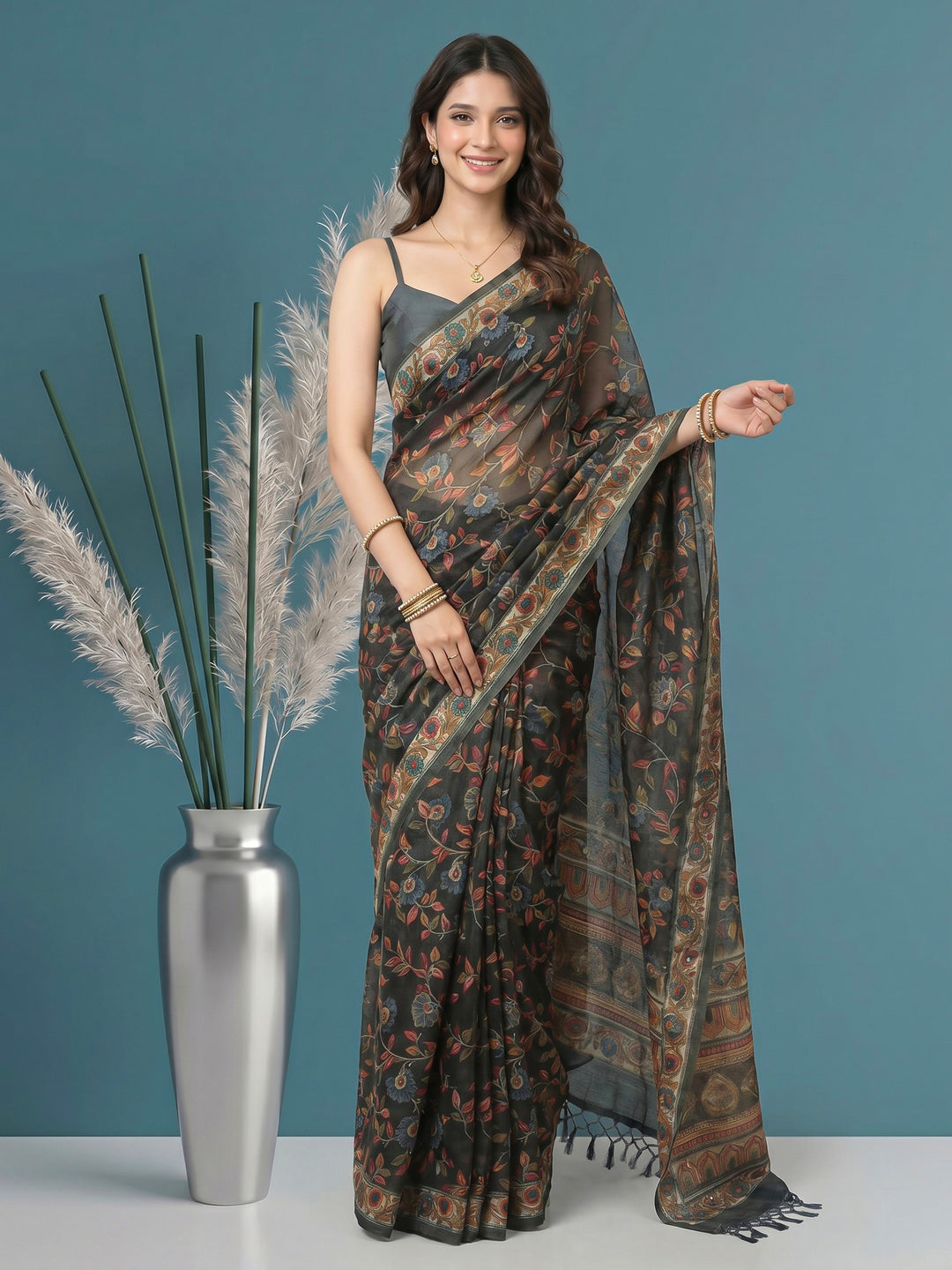 Grey Digital Print Cotton Blend Saree