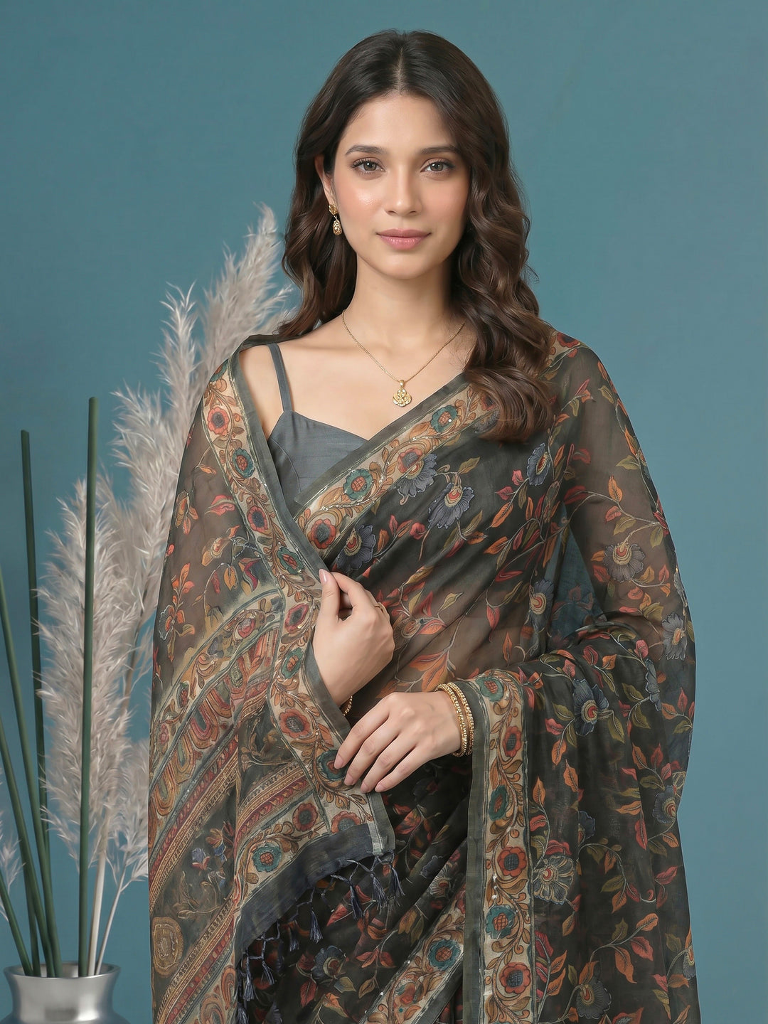 Grey Digital Print Cotton Blend Saree
