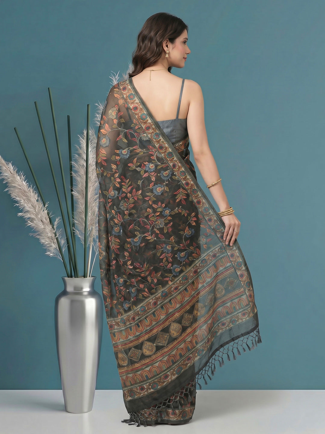 Grey Digital Print Cotton Blend Saree