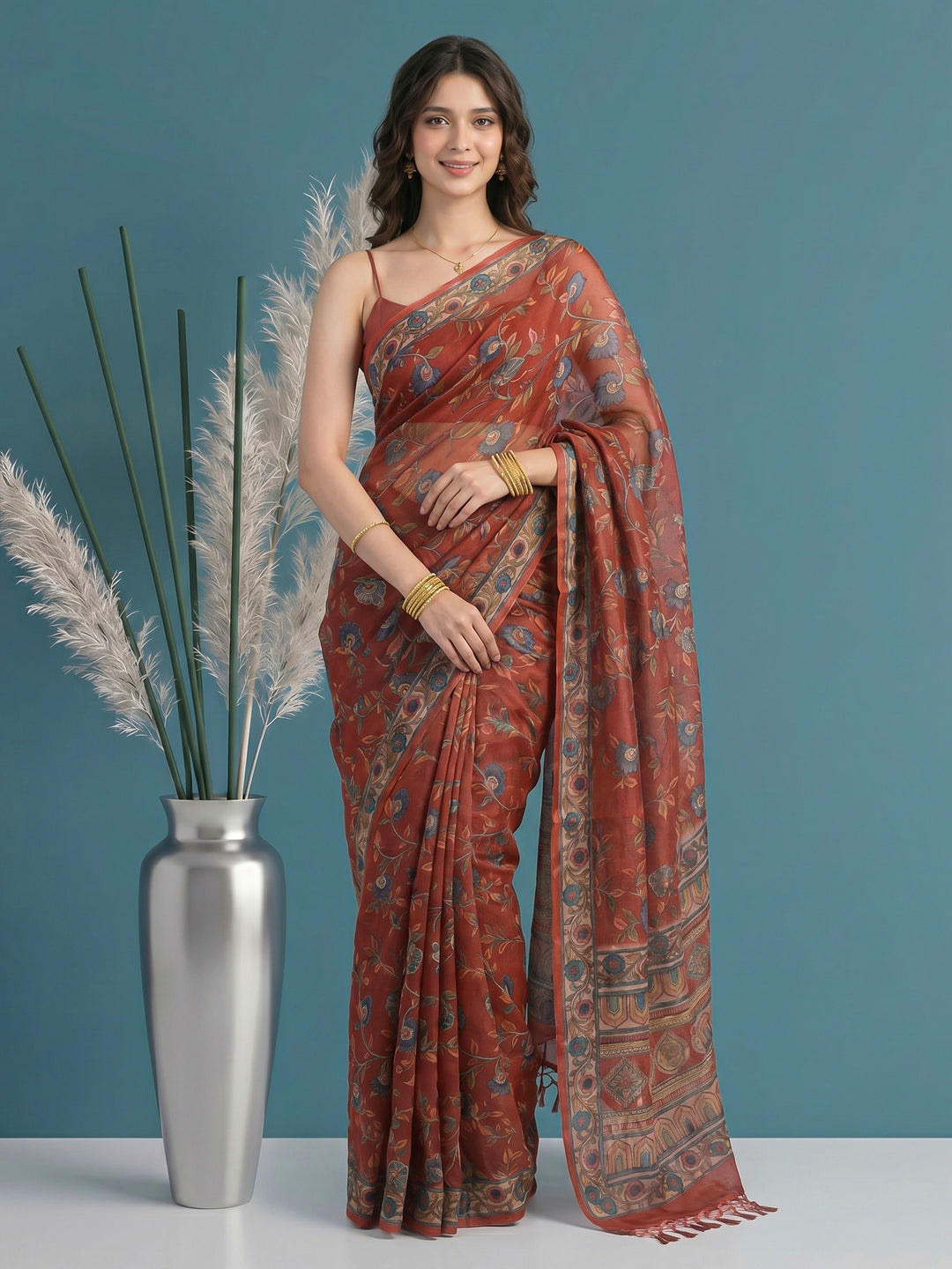 Pink Digital Print Cotton Blend Saree