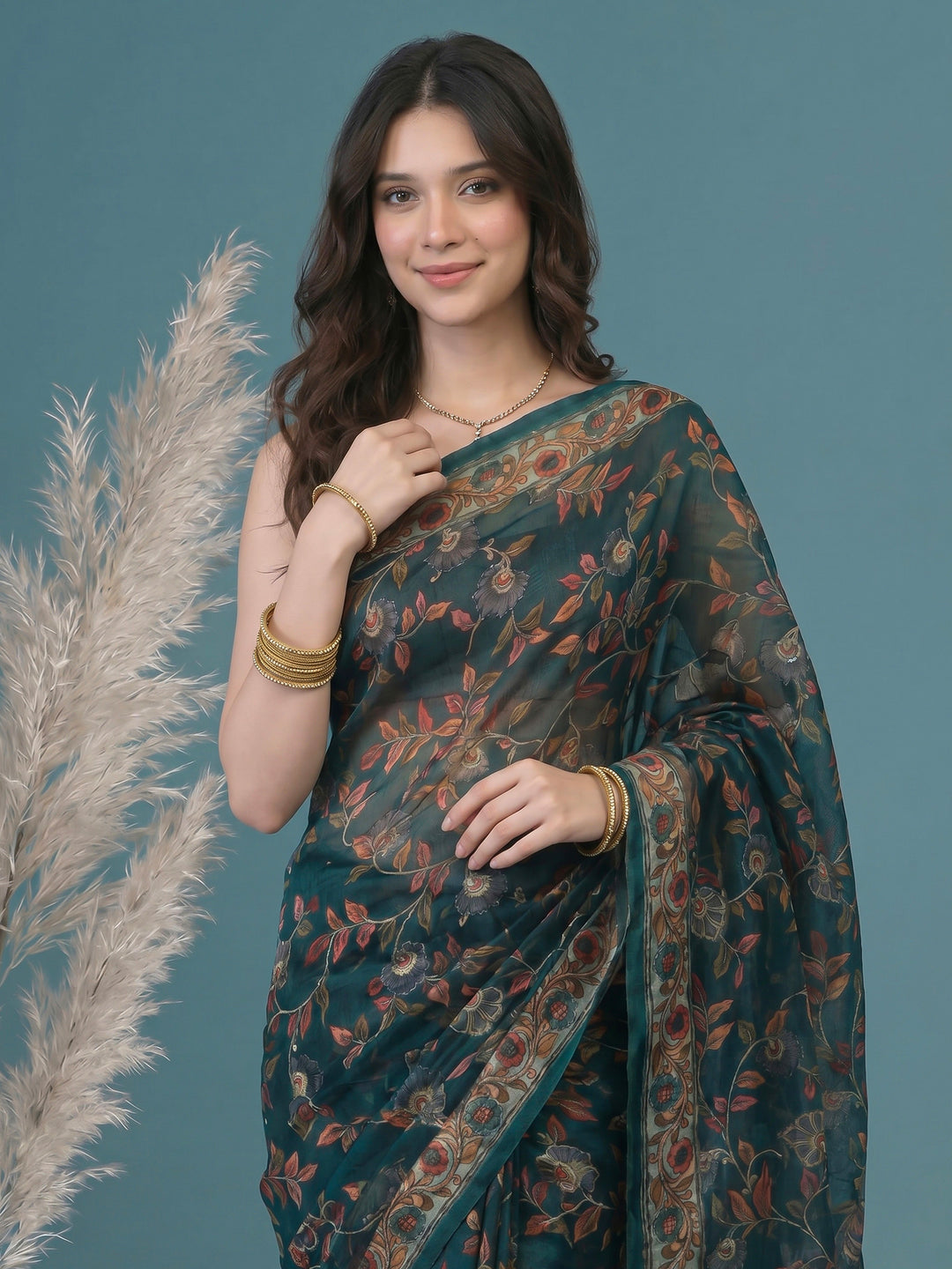 Rama Green Digital Print Cotton Blend Saree