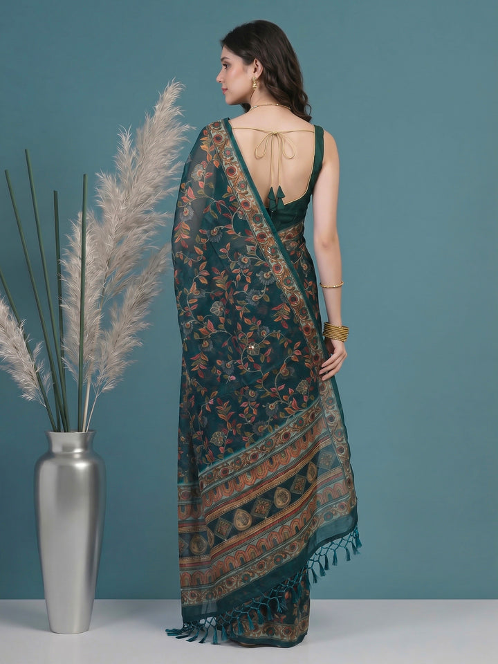 Rama Green Digital Print Cotton Blend Saree