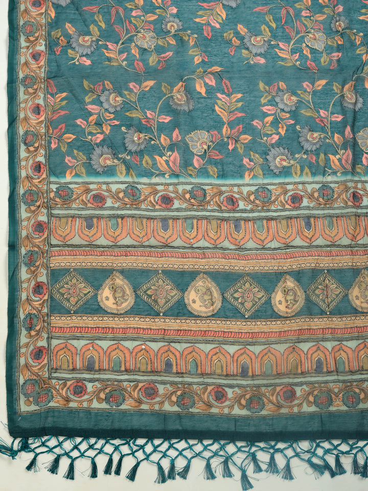 Rama Green Digital Print Cotton Blend Saree