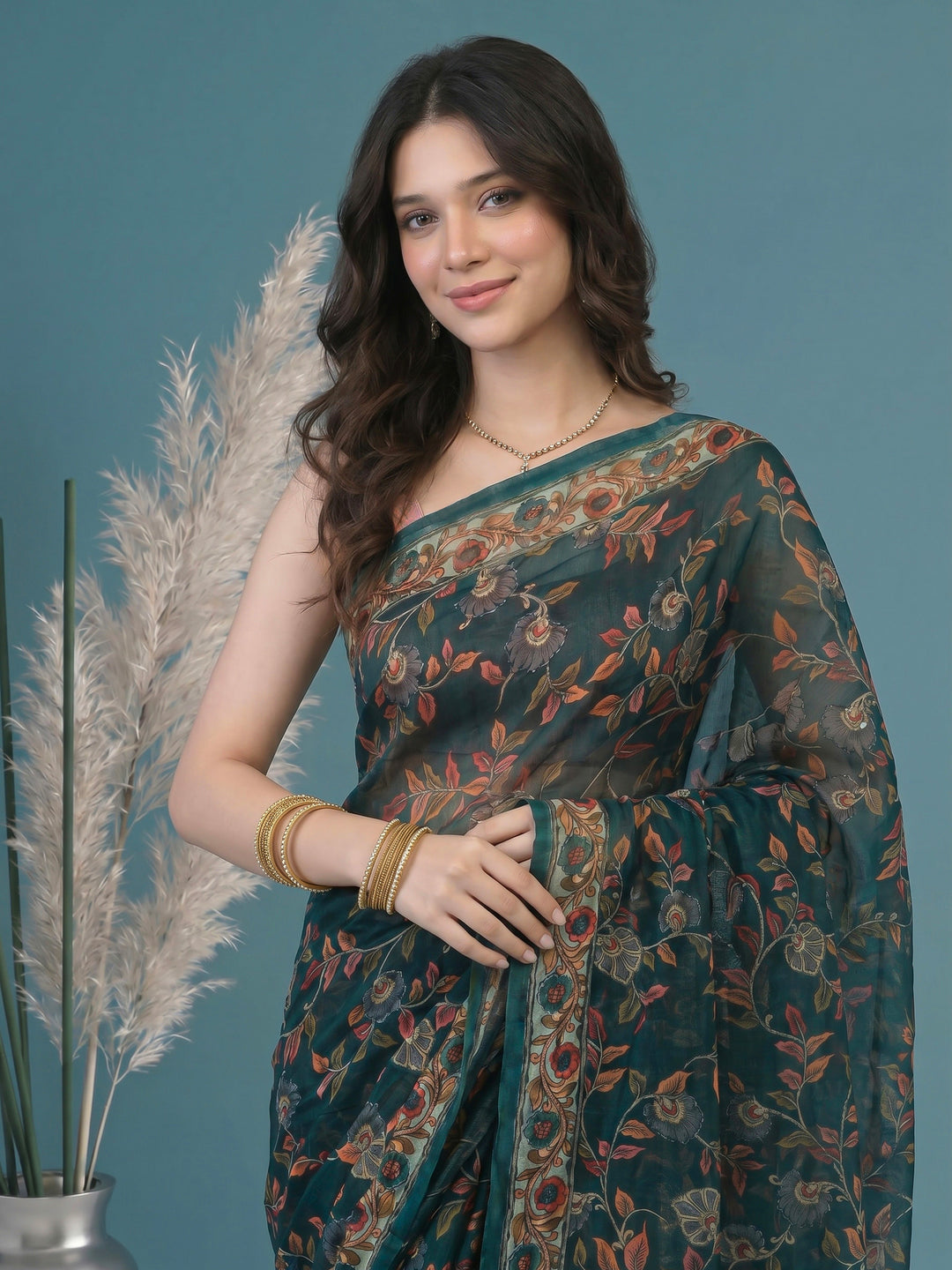 Rama Green Digital Print Cotton Blend Saree