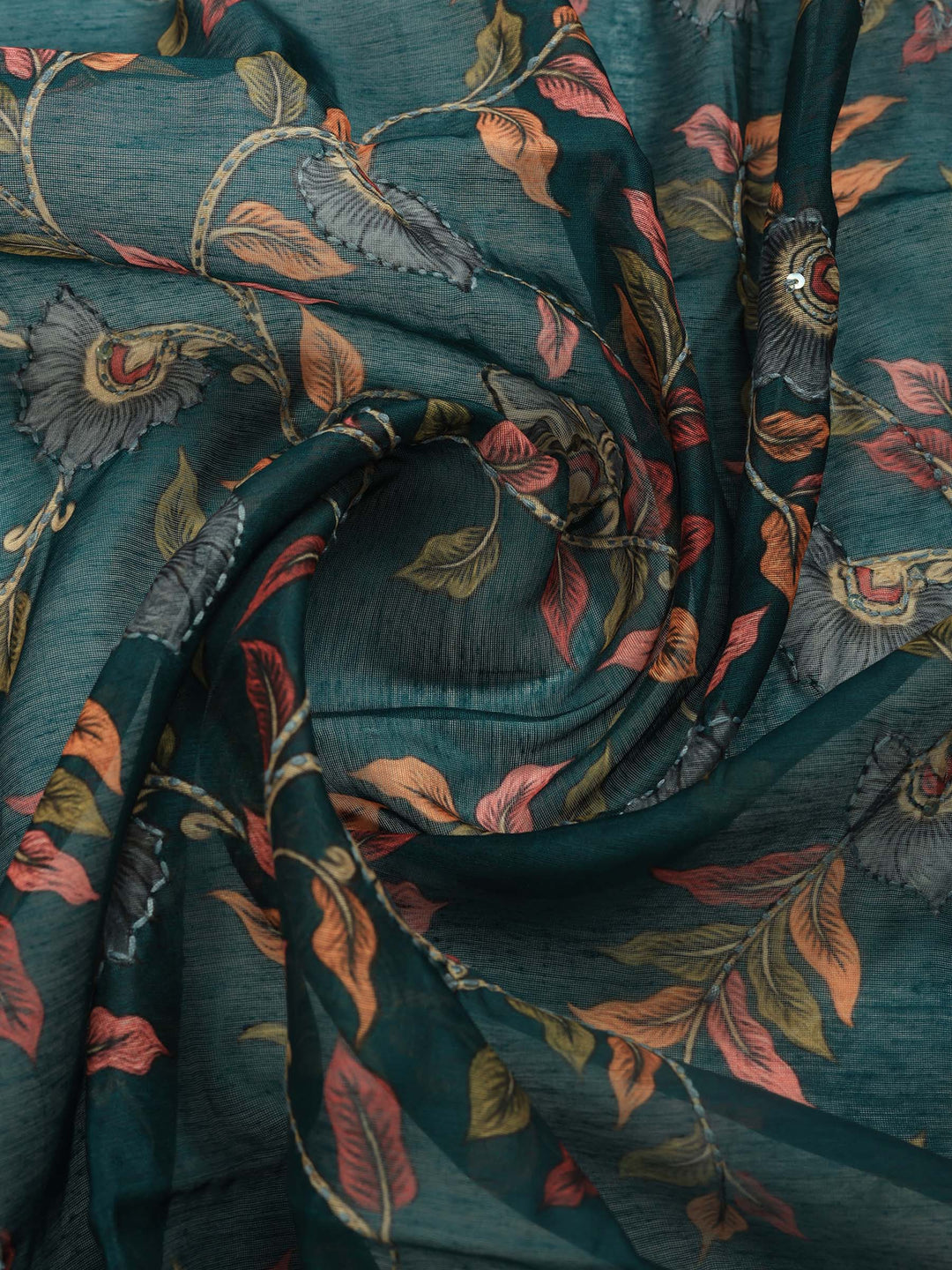 Rama Green Digital Print Cotton Blend Saree