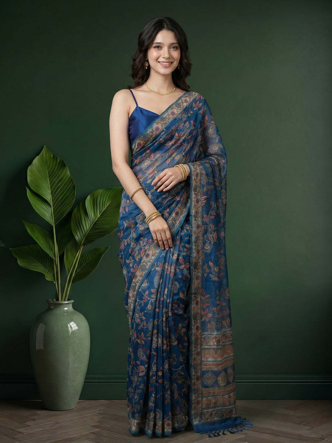 Teal Blue Digital Print Cotton Blend Saree