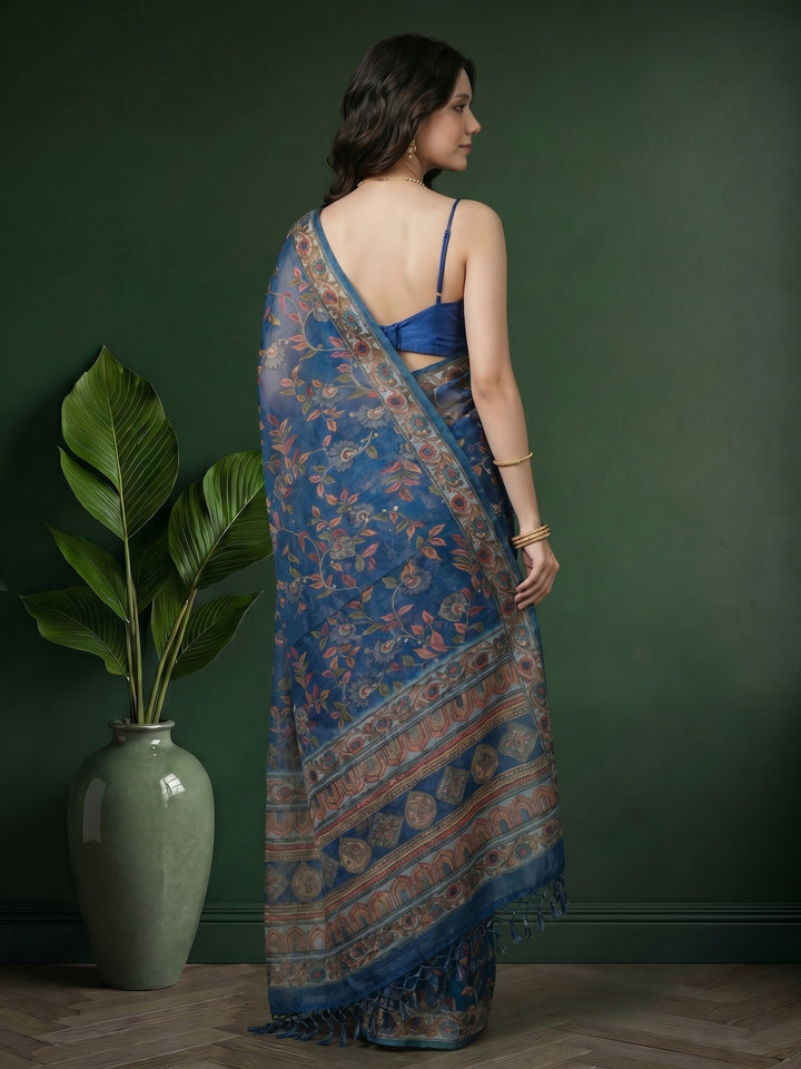 Teal Blue Digital Print Cotton Blend Saree