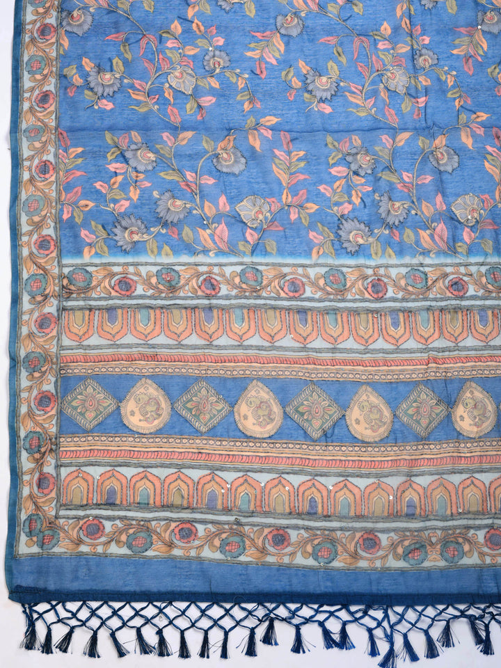 Teal Blue Digital Print Cotton Blend Saree