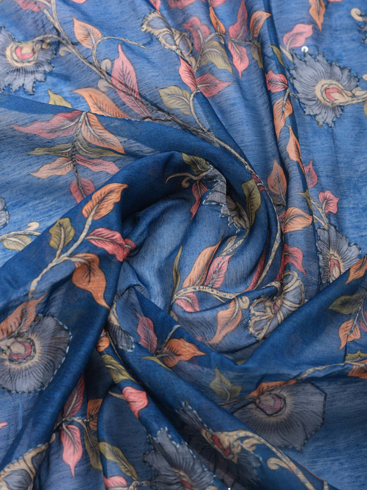 Teal Blue Digital Print Cotton Blend Saree