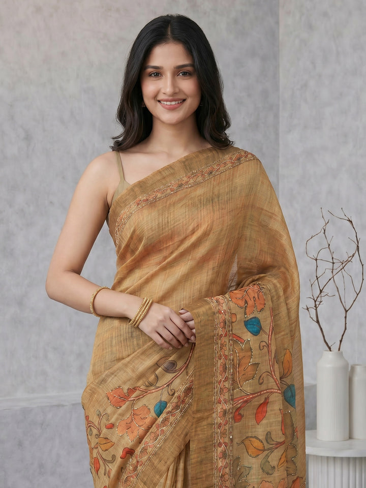 Beige Digital Print Cotton Blend Saree