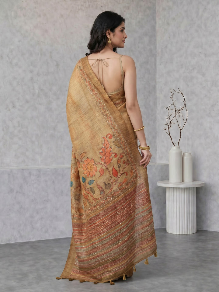 Beige Digital Print Cotton Blend Saree