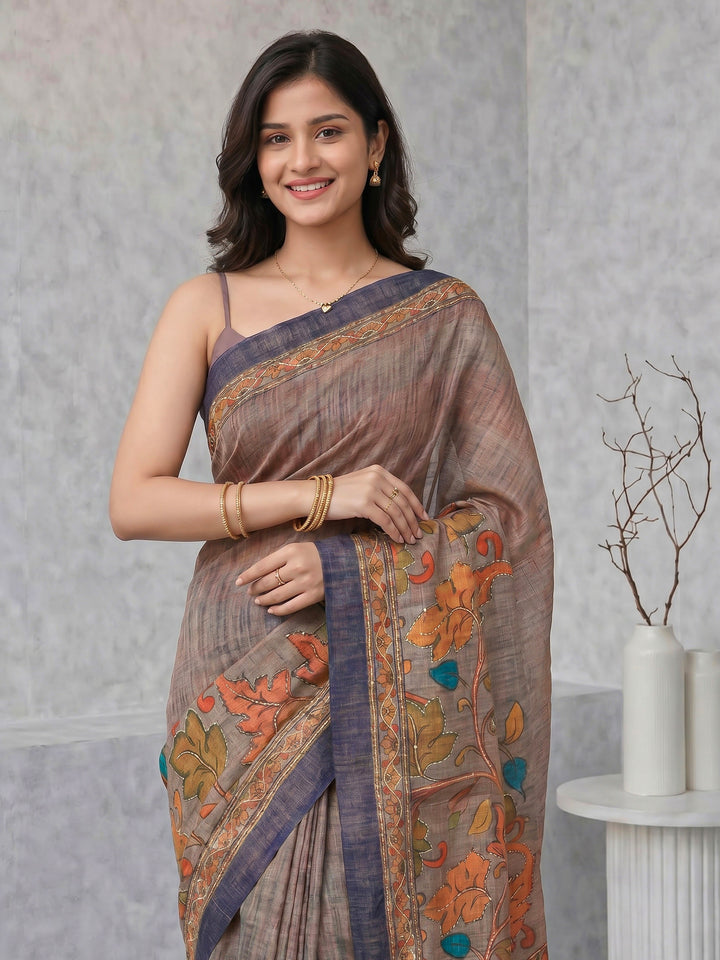 Grey Digital Print Cotton Blend Saree