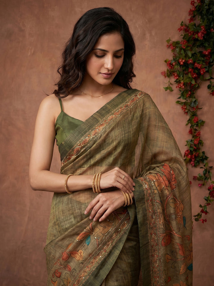 Mehndi Digital Print Cotton Blend Saree